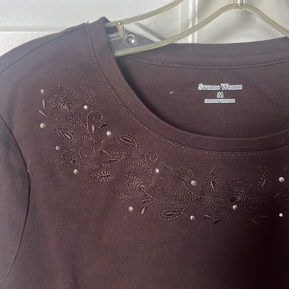 Studio Works Long Sleeved Cotton Top, Gem Embroidered. Good condition.